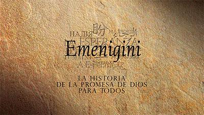 Text "Emenigni. La historia de la promesa de Dios para todos" on a textured brown background.