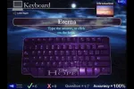 Purple virtual keyboard interface with cosmic background and accuracy score displayed.